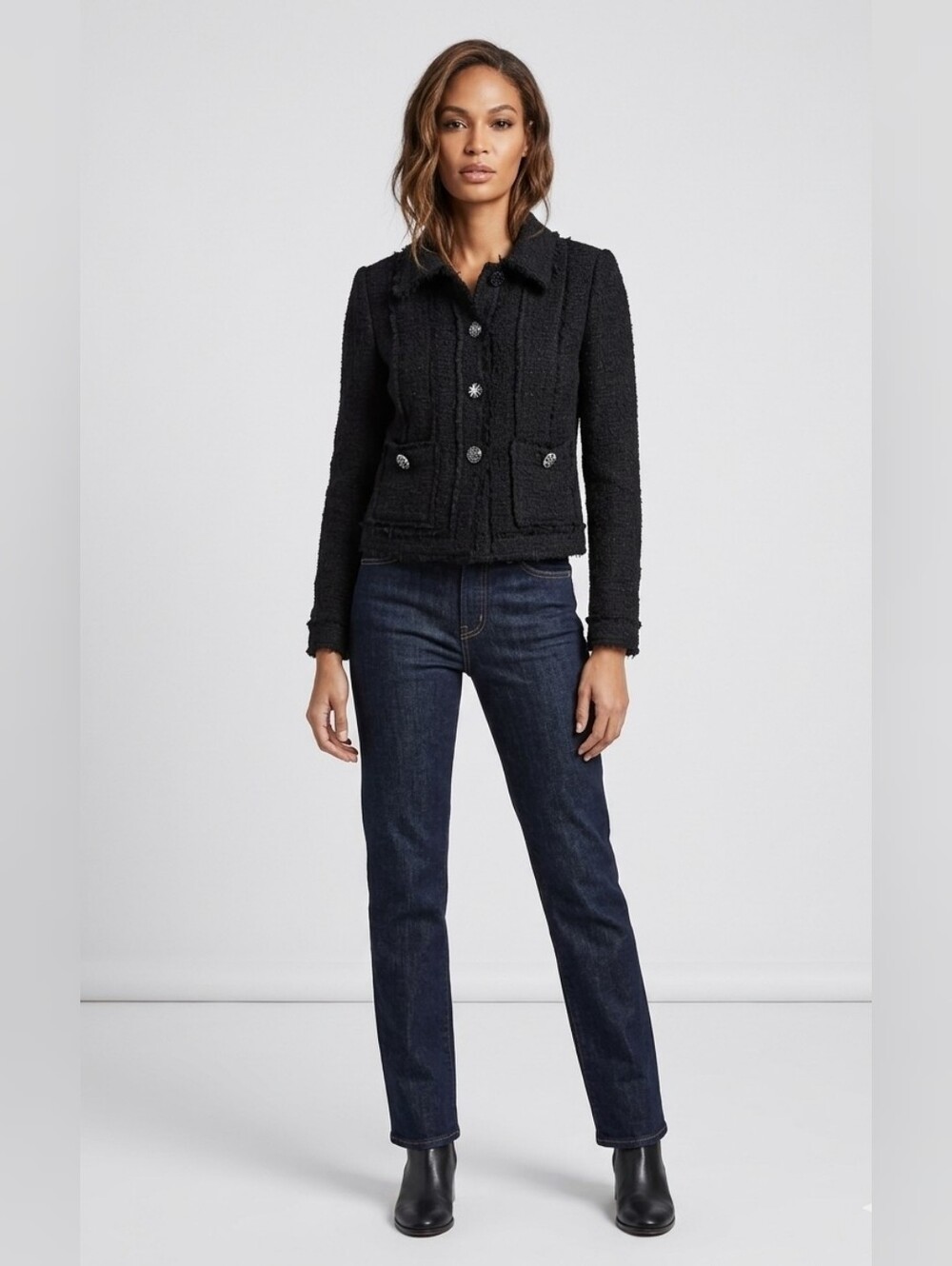 Rebecca Taylor | Bouclé Tweed Jacket with Frayed Trim + Statement Buttons